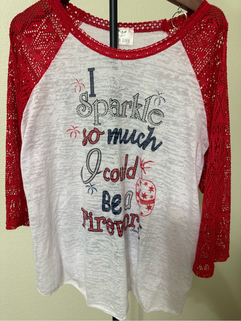 Women’s Red & White Raglan Sparkle Graphic Top
